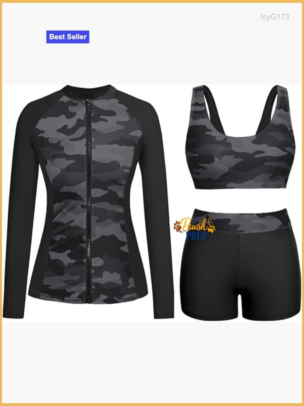 3 Piece Rash Guard Set with Shorts, Long Sleeve Zip UPF 50+
